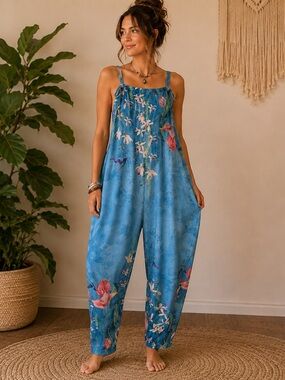 Tropical Hummingbird Floral Oversized Boho Jumpsuit Romper XL